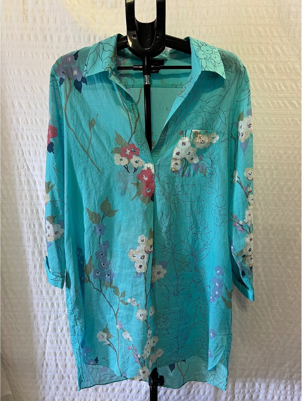 Natori Women’s XL Turquoise Floral Deep V-Neck 100% Cotton Top